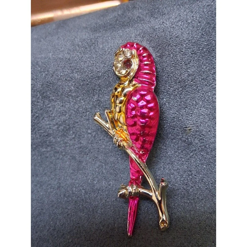Pink Enamel Parrot Bird Brooch Pin Gold Tone Rhinestone Crystals